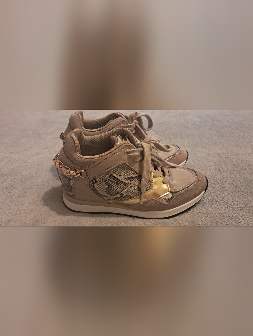 Guess Beige/Gold Animal Print Chain Lace-Up Wedge Sneakers